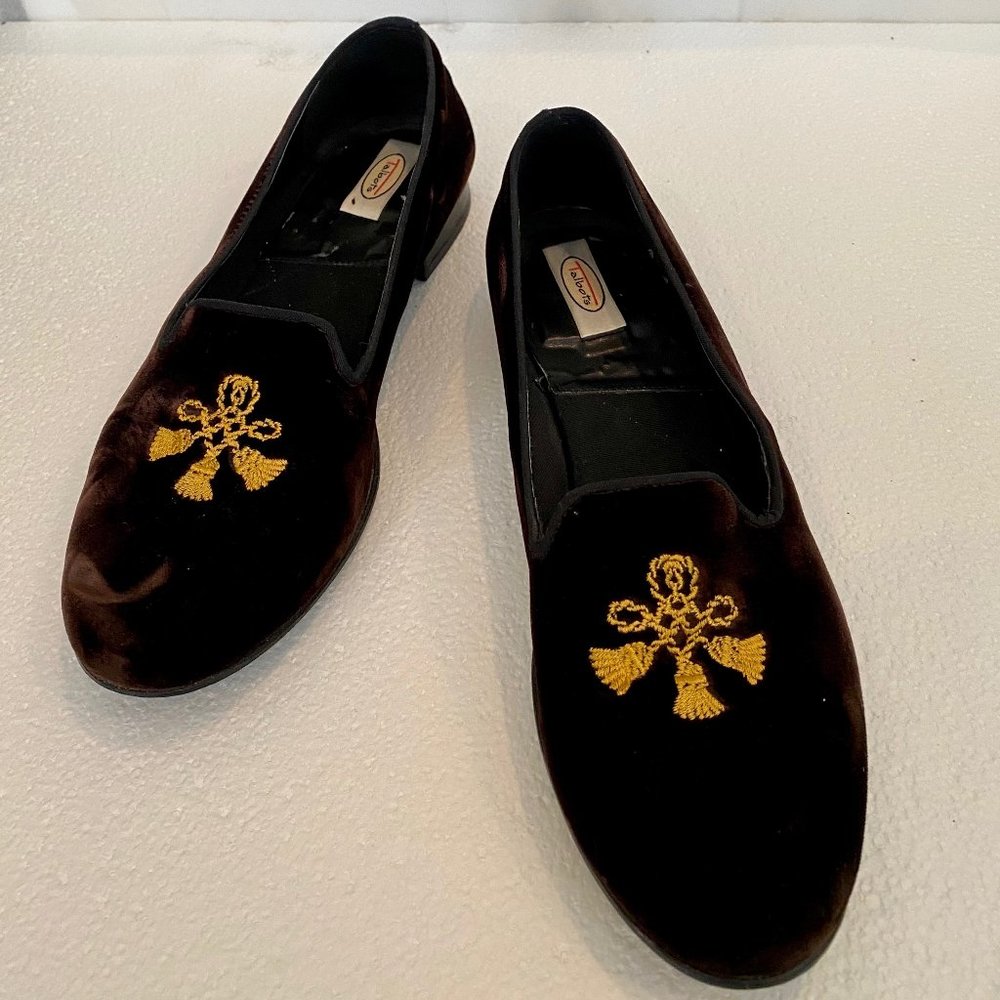 Brown Velvet Tassel Embroidered Flats/Loafers, 9.5